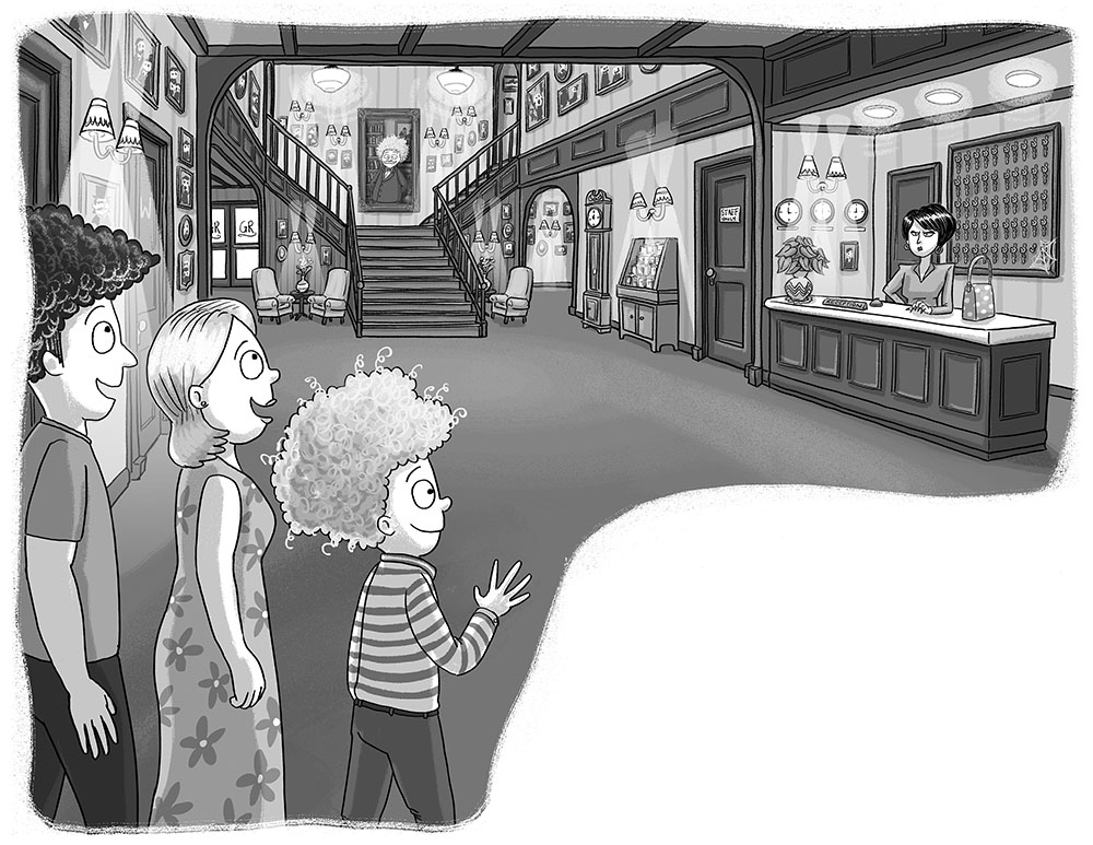 Chegwin and his parents in the Toffle Towers lobby