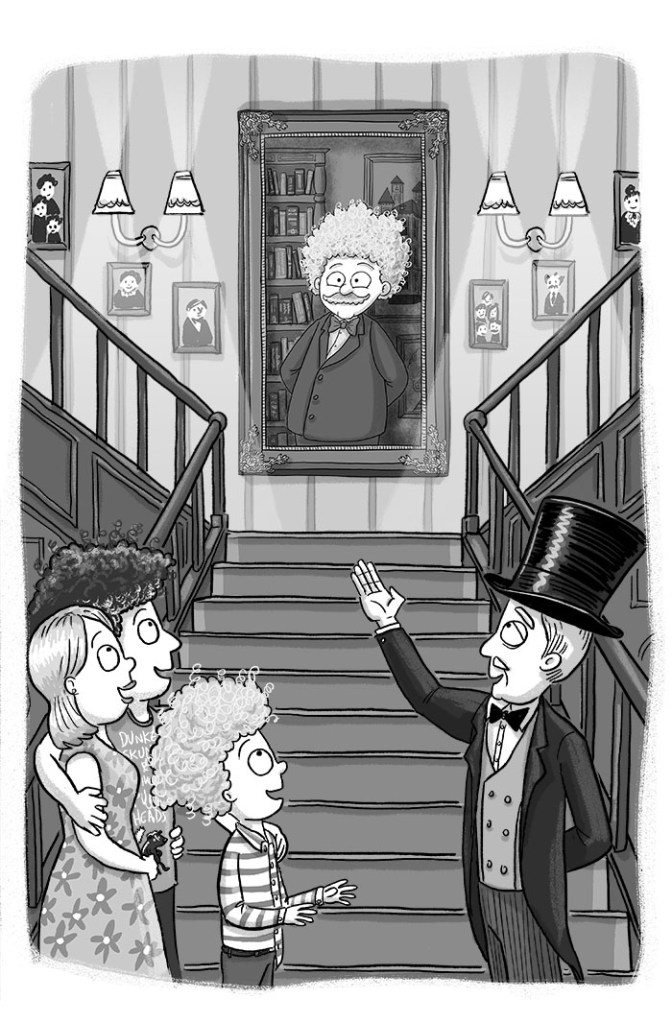 Chegwin and his parents at the foot of the grand staircase